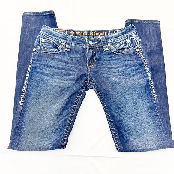 Rock Revival Johanna Skinny Dark Wash Denim Jeans Embellished Tab Pocket Size 28 - Picture 4 of 10